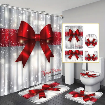 4Pcs Christmas Shower Curtain Set, Cute Fabric Polyester Shower Curtain With Non-Slip Bathroom Rug, Toilet U-Shape Mat, Toilet Lid Cover Pad, Machine Washable Bathroom Accessories, Bathroom Christmas Decor