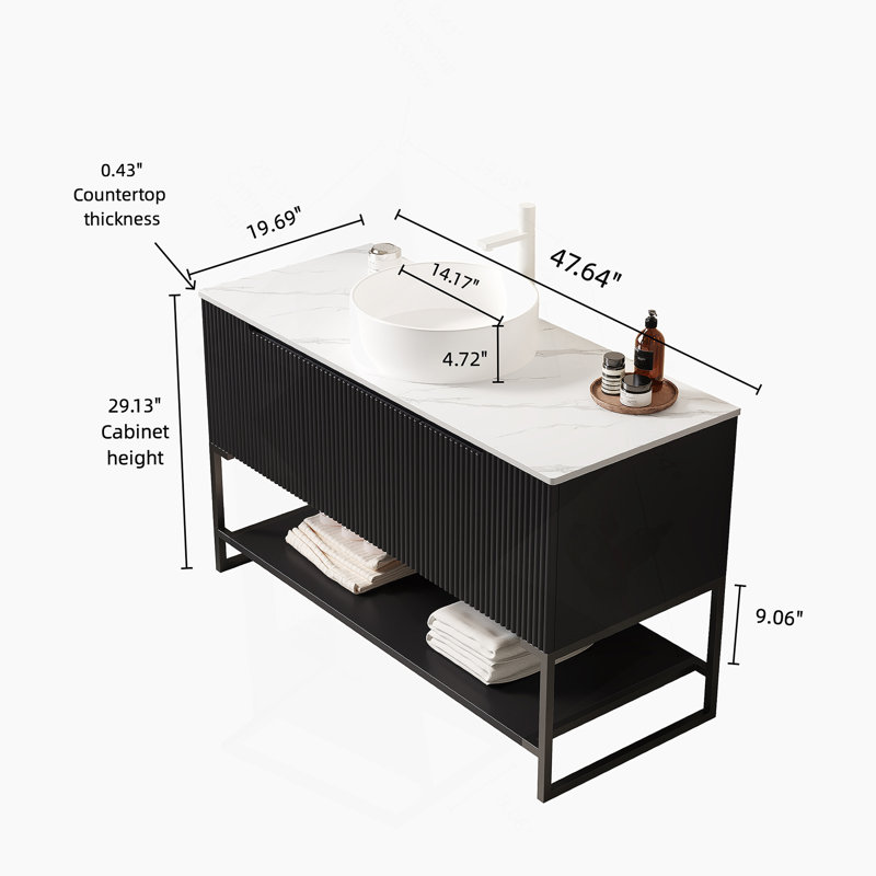 Meuble-lavabo autoportant de 48 po avec lavabo 48 po avec lavabo, meuble-lavabo autoportant avec 3 portes et tablette ouverte, vasque ronde en céramique blanche et comptoir blanc Carrara