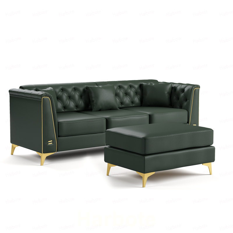 Canapé Chesterfield modulaire 3 places, canapé en similicuir capitonné à la main, accoudoirs garnis de métal et pieds minces en métal, comprend 3 coussins
