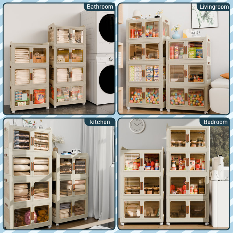 Stackable Foldable Storage Bins with Lids and Wheels 4 Tier (Set of 4)