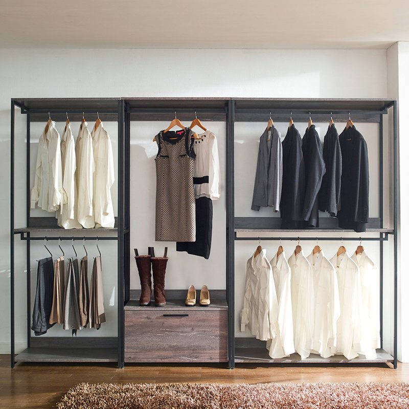Garde-robe industrielle en bois de couleur grise, structure en métal, rangement profond, gris rustique résistant aux taches et résistance aux rayures, durable