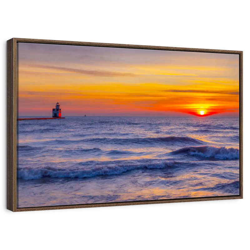 Phare sur le lac Michigan, 13 po x 9 po, Cadre flottant noyer