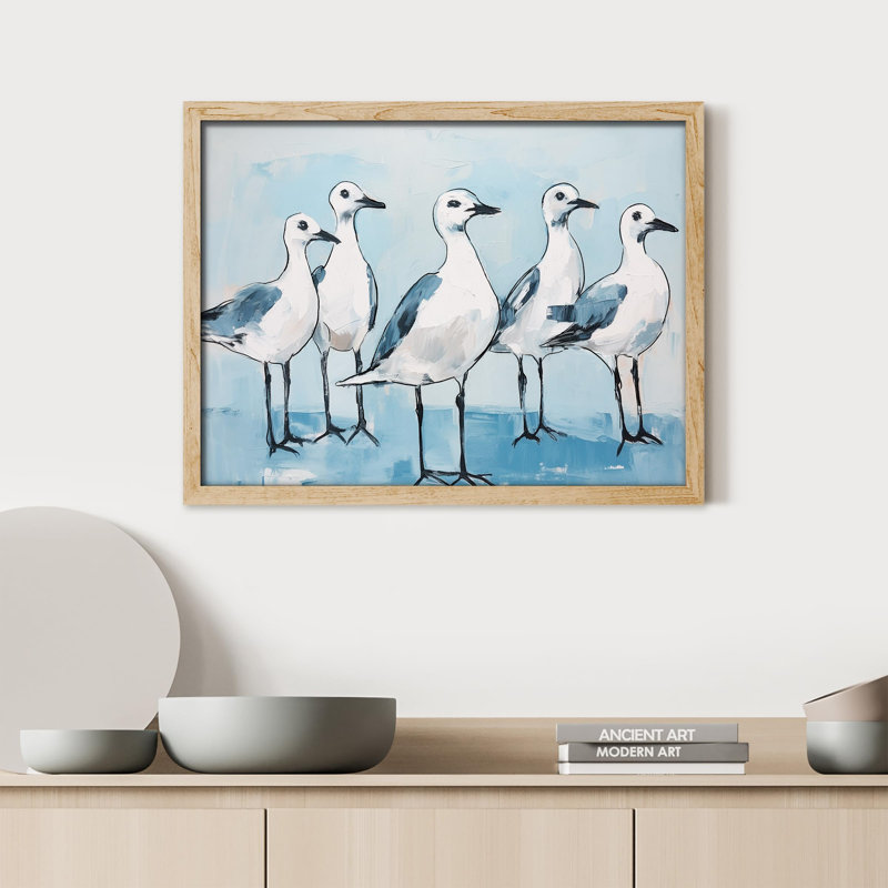 «Coastal Avian Elegance Serene Seagull Quintet Abstract Seaside Bird Illustration Modern Minimalist» sur papier, Naturel
