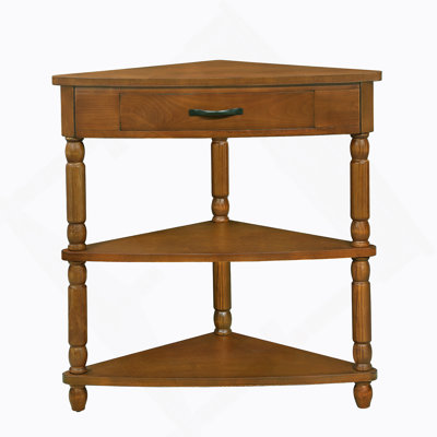 33.8'' Small Triangle Corner Table, Wood Corner Side Table For Small Spaces/ Living Room, 3 Tier End Corner Table With Solid Wood Legs, Brown