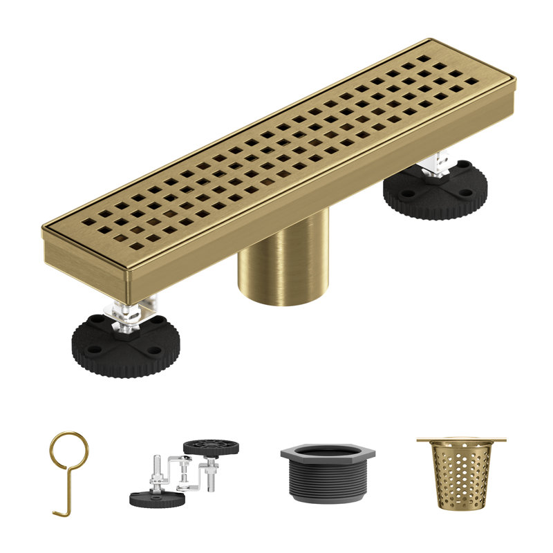 12 po Drain de douche linéaire en acier inoxydable avec couvercle de drain carré en nickel brossé, Or brossé