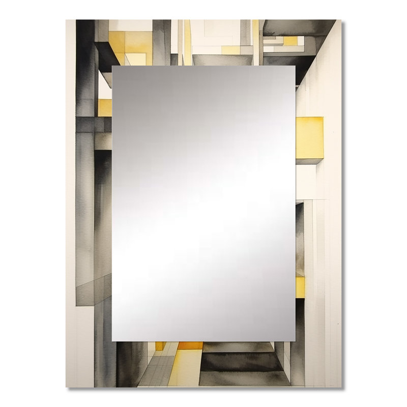 Yellow and Grey Intersecting Realities II - Abstract Shapes Unique Wall Mirror, Yellow Mirror, Printed Metal Art, 32" x 24"