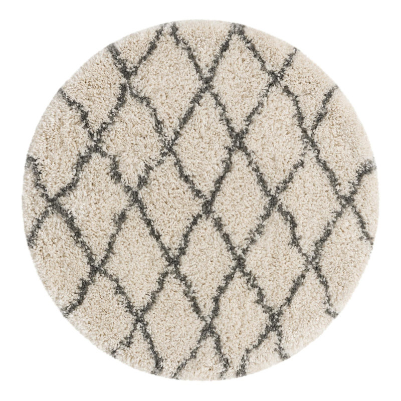 Tapis à poil long ivoire et gris à motif géométrique Reardon, Rond 3 pi 3 po