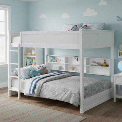Solid Wood Queen Over Queen Bunk Bed with Storage Cabinets and USB Ports for Boys& Girls