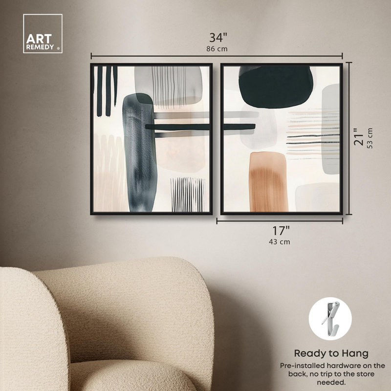 Ensemble de 2 toiles géométriques adoucies par Art Remedy, Noir, H 16 po x l 20 po, Reproduction encadrée sans passe-partout