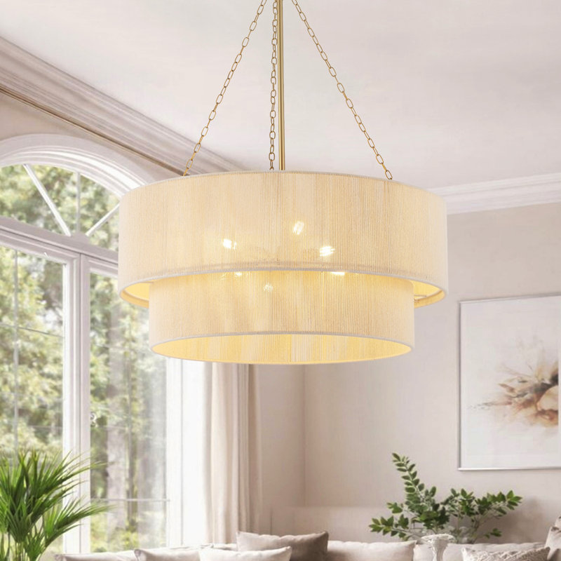 23.6" 6-Light Modern Rope Drum Chandelier, Beige, Gold