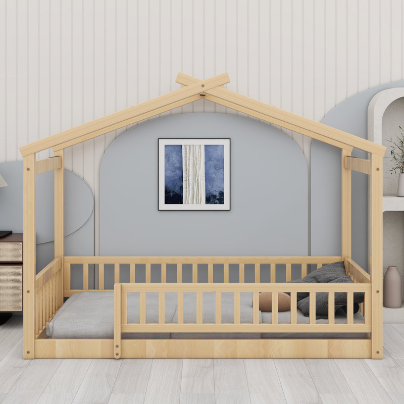 Wooden House Bed Frame with Decorative Fence, Natural