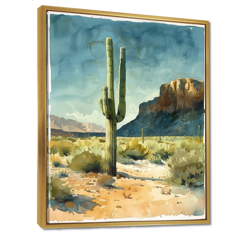 Cactus vert et gris, désert, rêve II - impression de cactus floral, H 20 po x l 12 po x P 1 po, Toile avec cadre flottant or