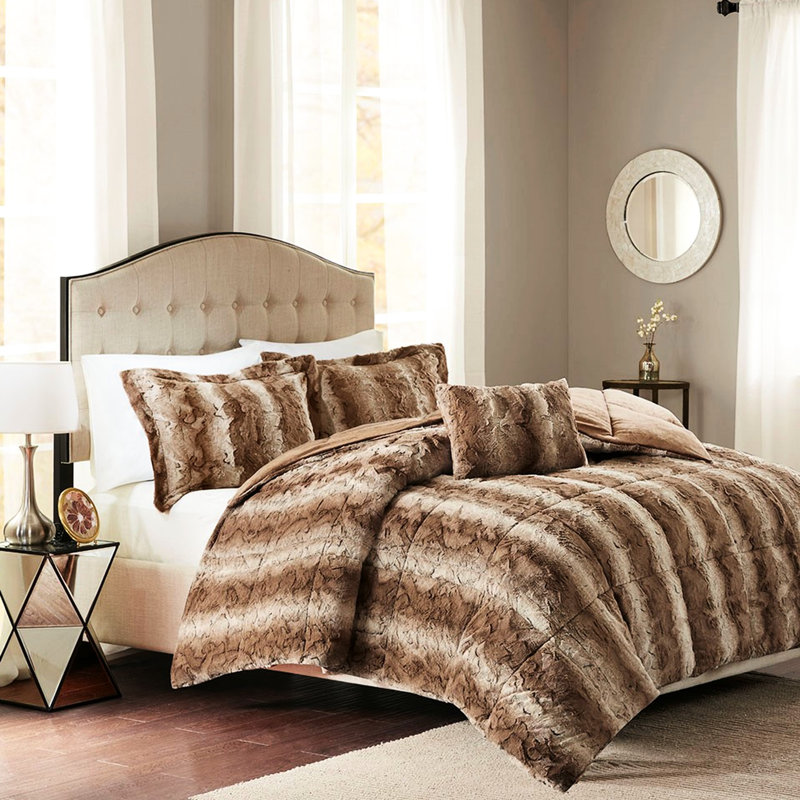 Édredon en fausse fourrure pour grand lit - literie douce 4 pièces avec édredon, 2 taies décoratives, coussin décoratif brun