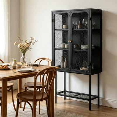 Industrial Metal Display Cabinet, Black Mesh Door Storage Unit With Retro Handles, 59.1 X 27 X 12.6 Inch Tall Standing Shelving, Magnetic Holders, Adjustable Feet