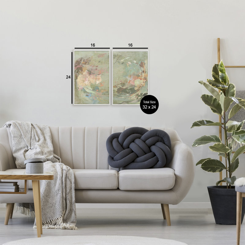 Ensemble de 2 giclées encadrées tons neutres avec pastels doux, design par Suzanne Nicoll, H 24 po x l 16 po