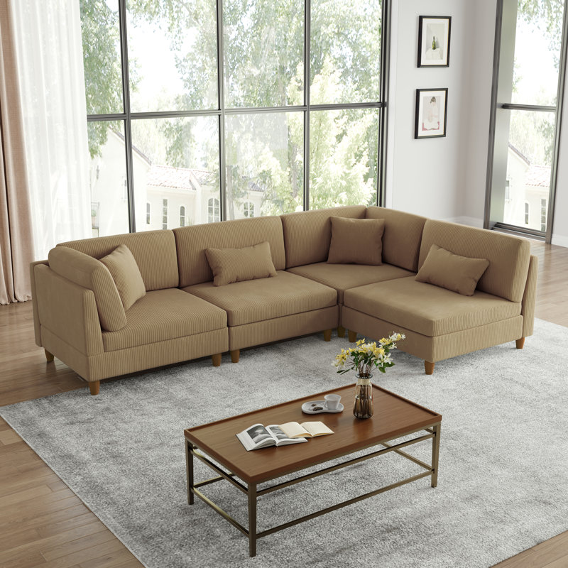 Seemab 4 - Piece Upholstered Camel Corduroy Modular Sectional with Pillow Back and Solid Wood Legs, Camel