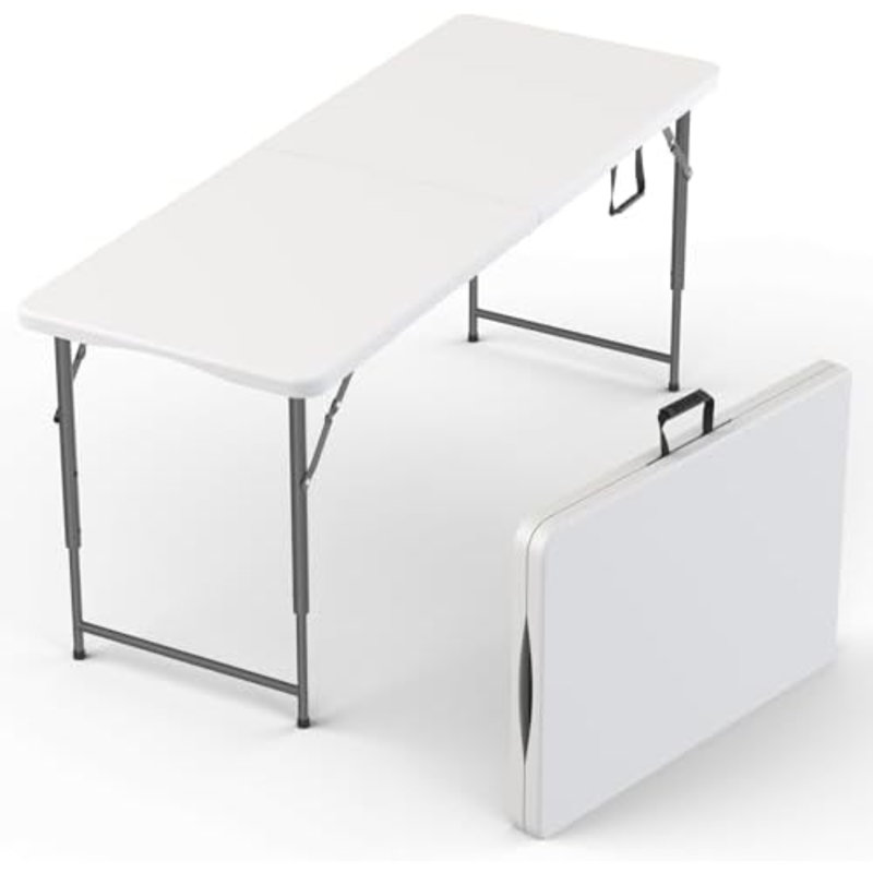Table pliable réglable 5,5 po avec poignée intégrée et pieds en acier | 5,5 pi portable pliable robuste | Parfait pour la fête, les repas, le mariage, les événements, le pique-nique intérieur, extérieur, camping, utilitaire, pliant
