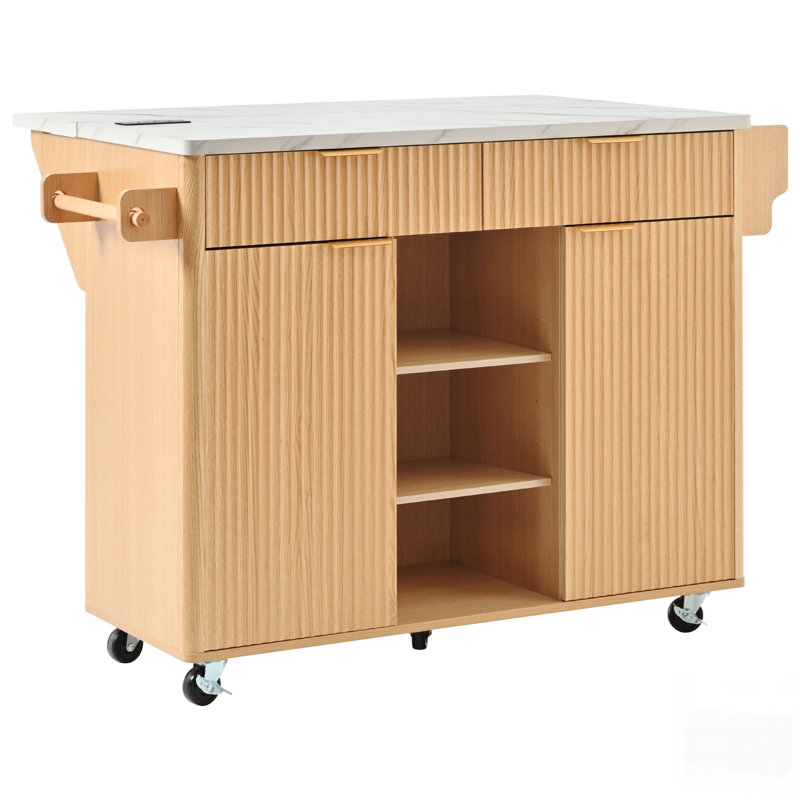 Fluted Kitchen Island With Drop Leaf, Power Outlet, Adjustable Shelves, Doors, Drawers, And Faux Marble Top For Modern Kitchens