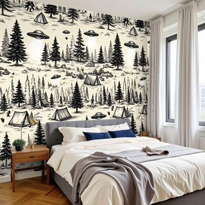 Sci-fi papier peint adhésif peler et coller Ufo noir enlèvement espace camping pins arbres tentes Lakes Campfires murales H 100 po x l 144 po papier mural amovible en PVC auto-adhésif pour le salon de la chambre bureau à domicile