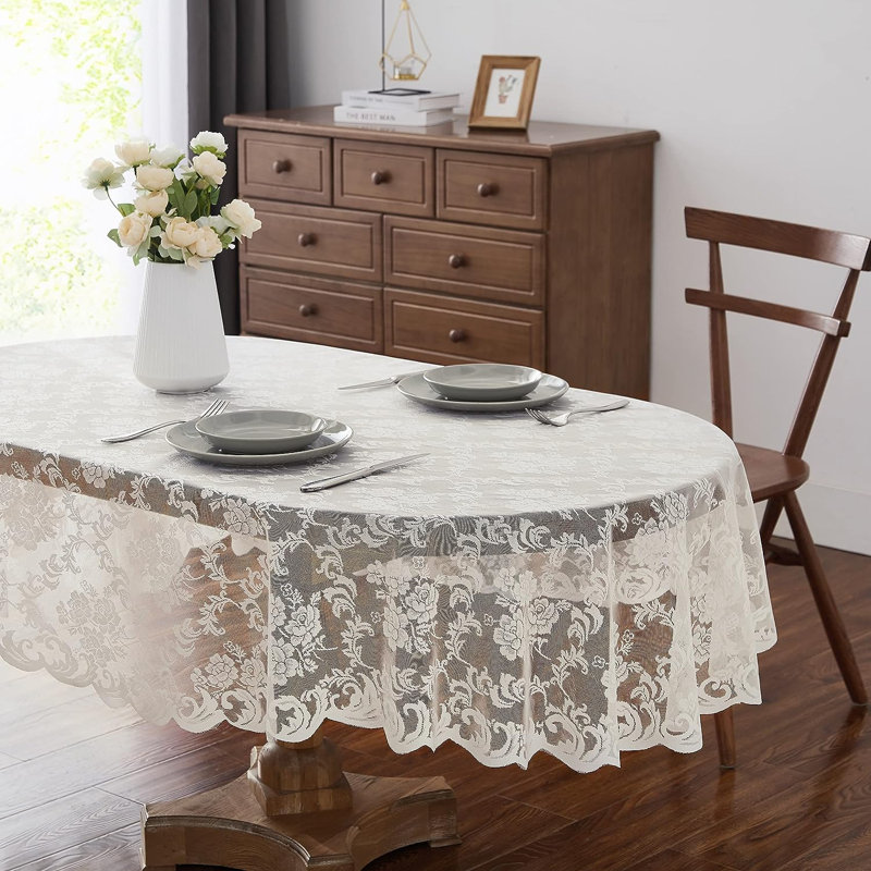 Dalainee Floral Oval Lace Tablecloth for Wedding or Special Occasions, Ivory, 84" x 60"
