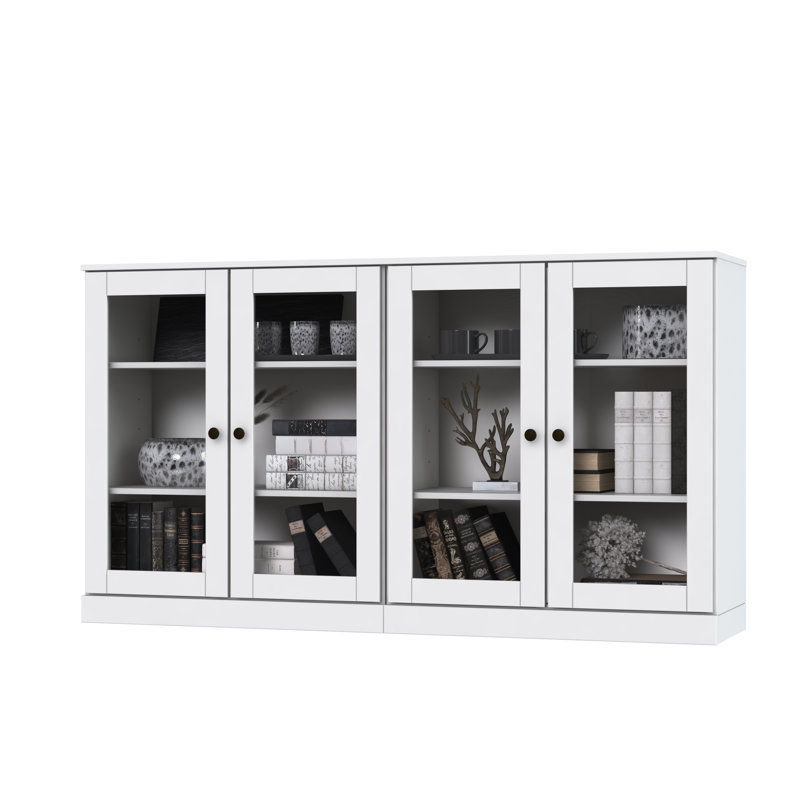 100% Solid Wood 64" Sideboard with Clear Glass Doors and Adjustable Shelves, White Matte