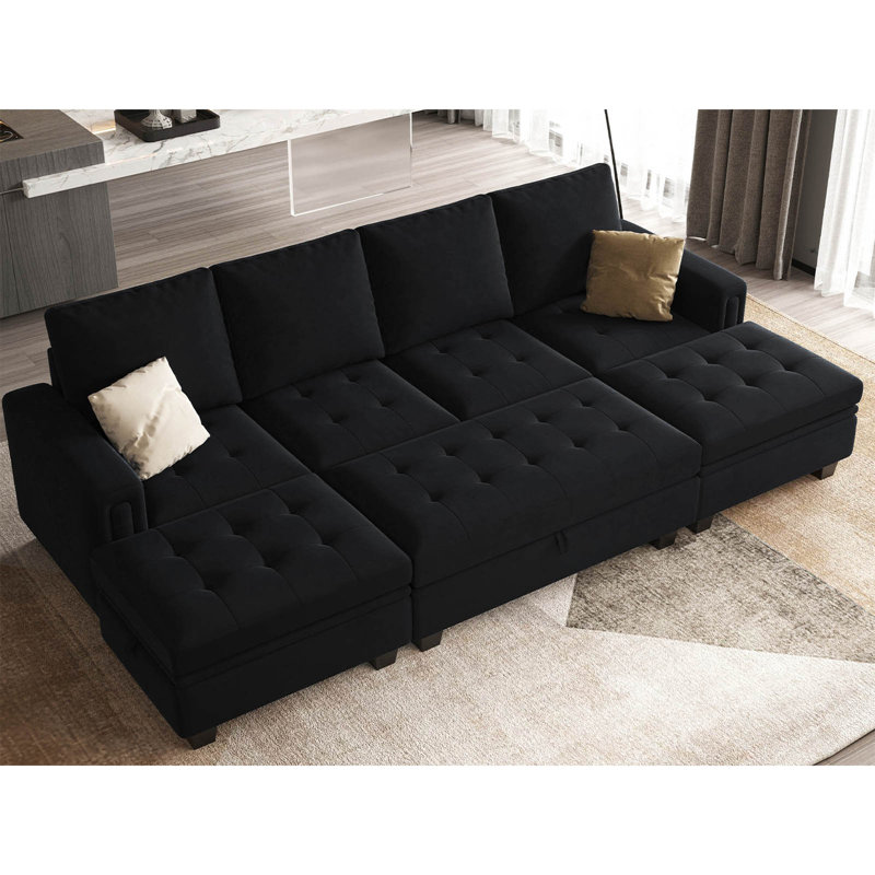 Shavera Velvet Reversible Sectional Sofa Bed Convertible Modular Sleeper Couch With Storage Ottoman, Black