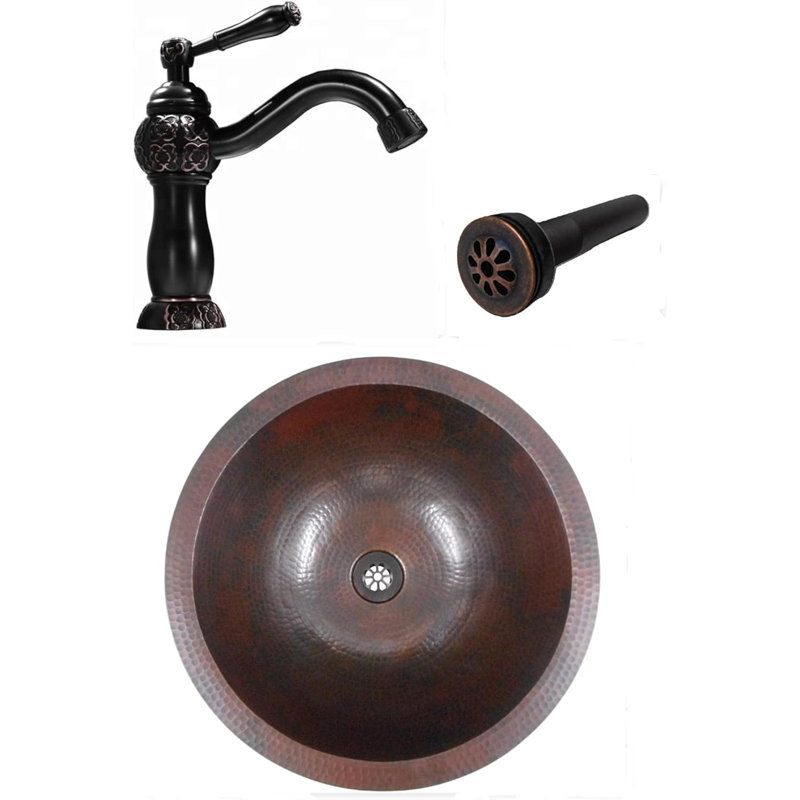 15" Round Copper Bath Sink With 9" Clayborne Faucet & Daisy Drain