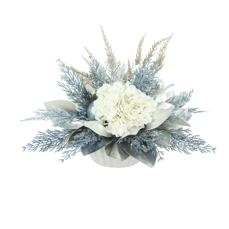 Holiday Centerpiece with Hydrangeas and Glitter Leaves