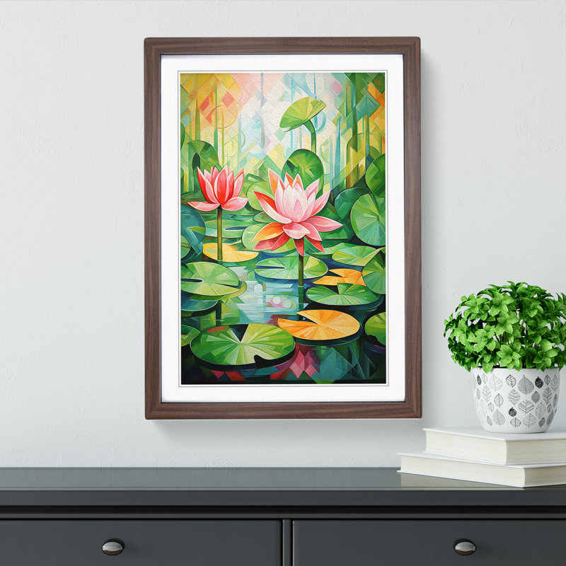 Water Lily Pond Cubism - Single Picture Frame Print on Wood, Walnut Framed, 64cm H x 46cm W