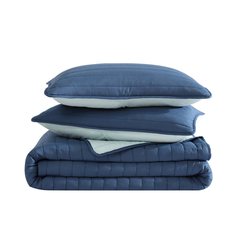 Blue Full Microfiber Reversible Quilt Set with Pillow Shams