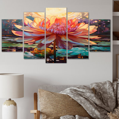 «Blossoming Chrysanthemum In Lake Retro», art mural sur toile, 5 panneaux