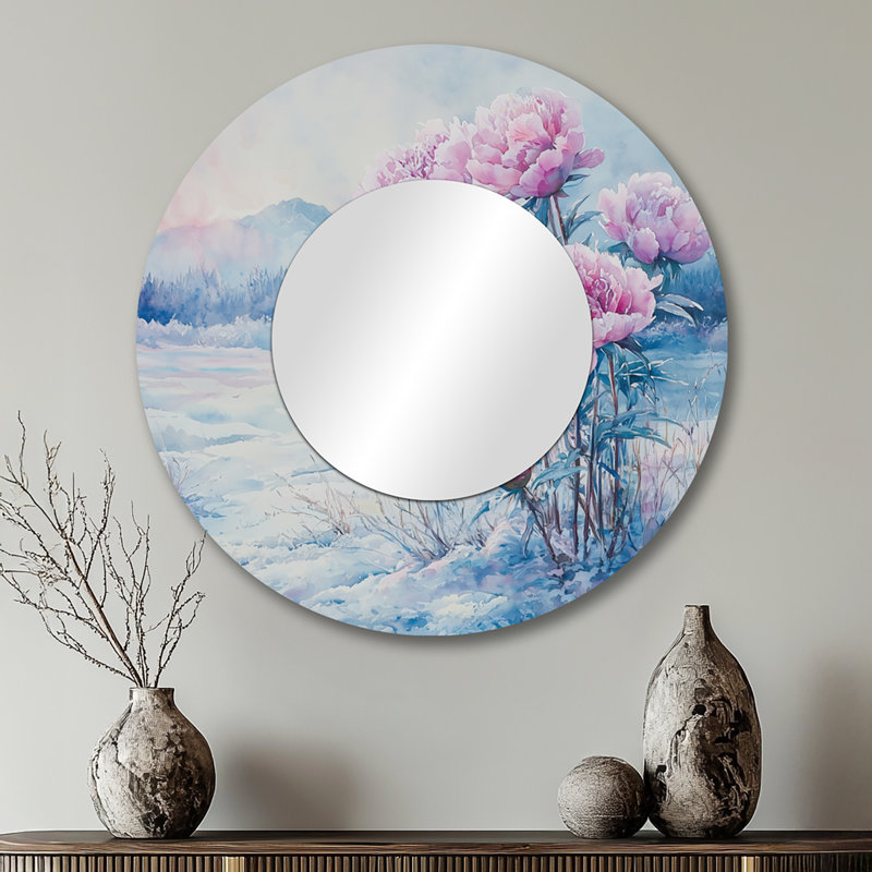 Pivoines dans un champ couvert de givre I - décoration murale miroir floral - imprimé sur métal, 29 po x 29 po