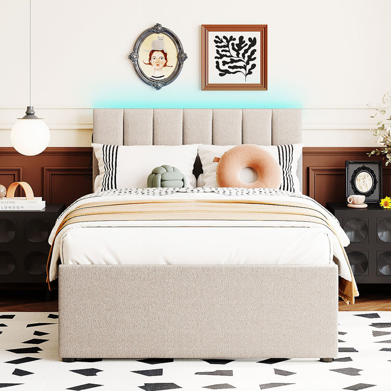 Lit plateforme tapissier Teddy, Beige, Lit simple