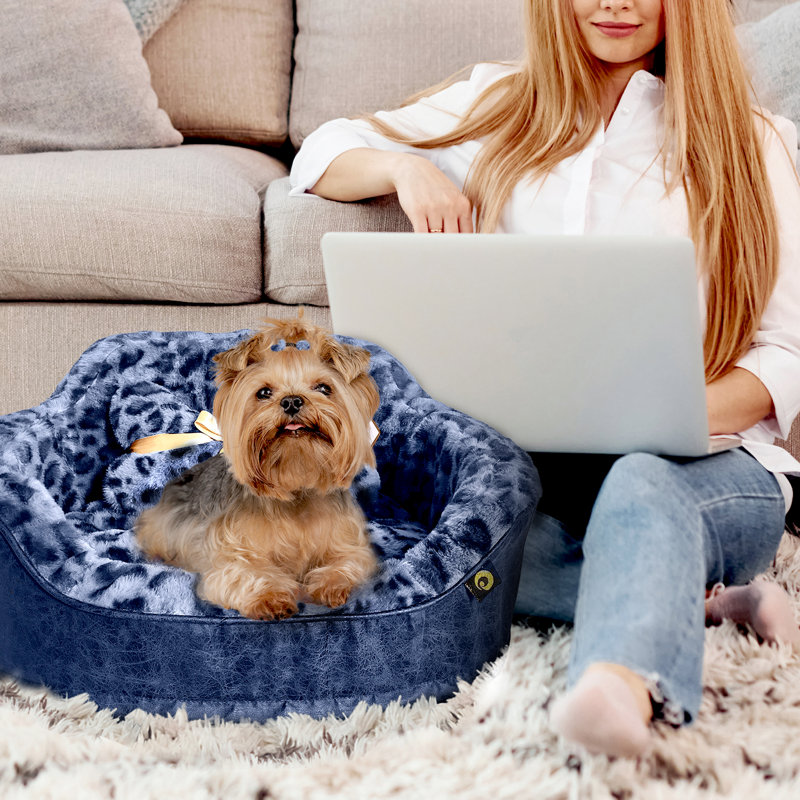 Navy Leopard Faux Fur Orthopedic Small Pet Bed