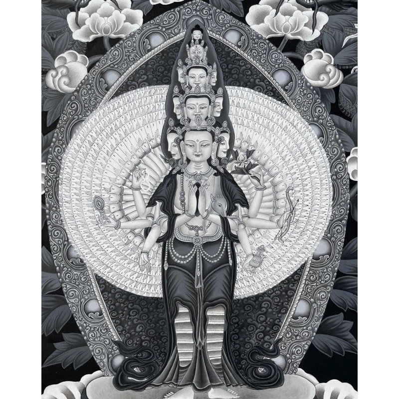 Chengrezig Thangka à 1000 bras noir et blanc dans un style Newari Thangka (Brocadeless Thangka)