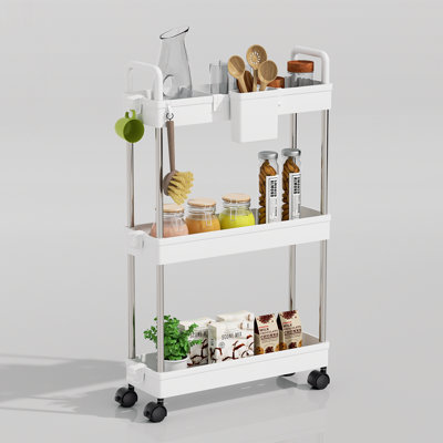 15" Wide 3-Tier Slim Rolling Cart White Plastic Utility Organizer Locking Wheels 9 Hooks & Mesh Baskets​​
