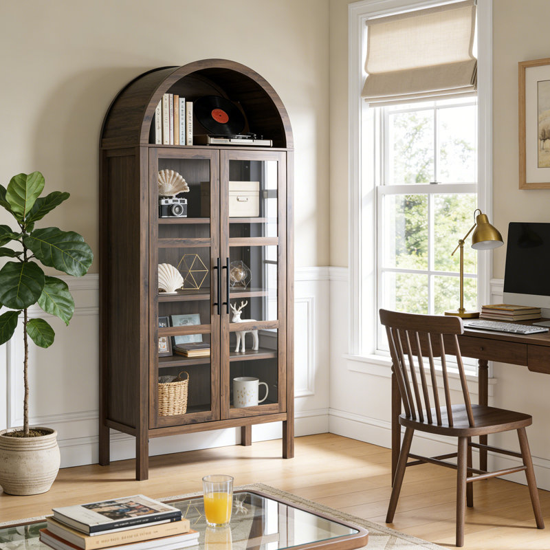 72 Inch Tall Rustic Arched Cabinet Display Cabinet, Wood Kitchen Pantry Cupboard, 2 Arched Glass Doors,  With Storage And Adjustable Shelves For Dining Room, Living Room