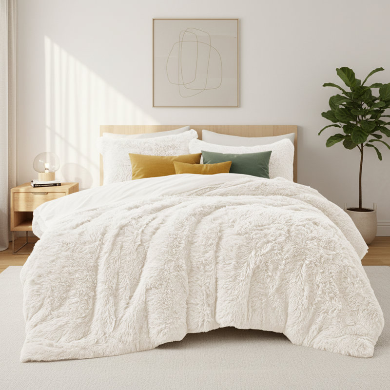 Ensemble d'édredon moelleux et moelleux en fausse fourrure, Courtepointe grand lit + 2 taies d'oreiller standa, Crème