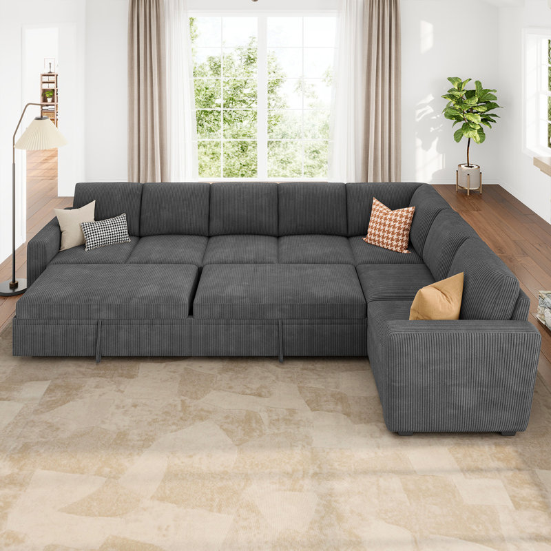 Caren L-shaped Sleeper Sectional Modular Sofa Bed With Storage Seat, Gray Corduroy