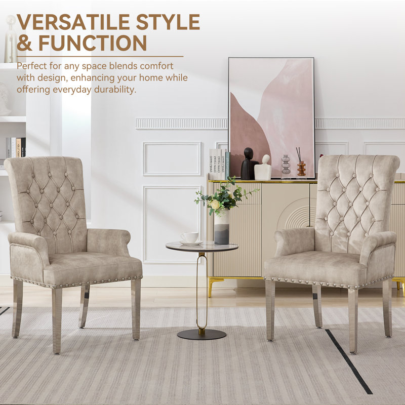 Tufted Upholstered Dining Armchair with Chrome Legs, Beige