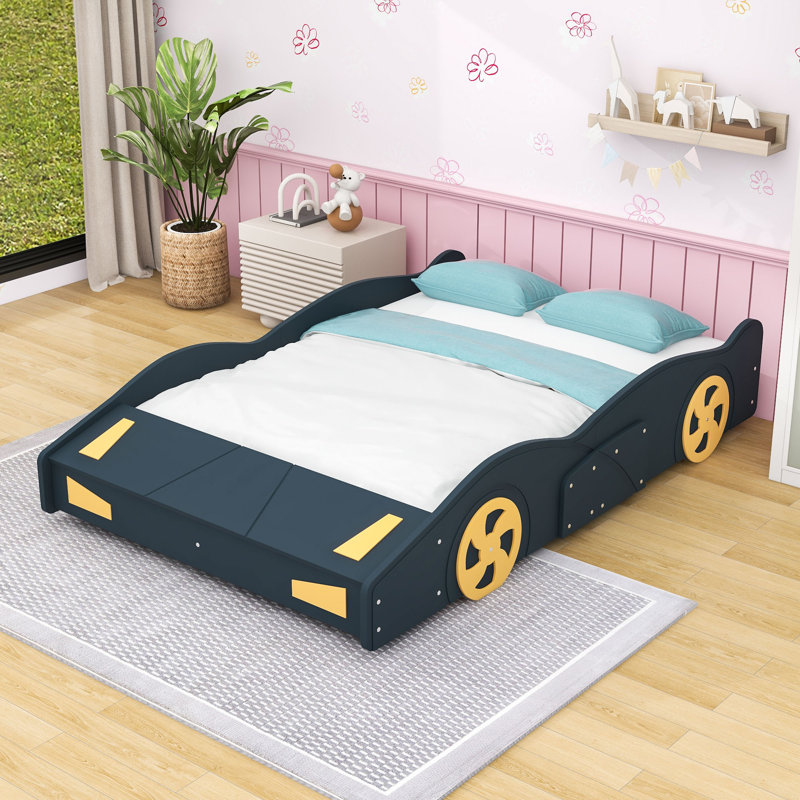 Lit plateforme pour voiture de course double avec rangement et roues, Bleu foncé / Jaune