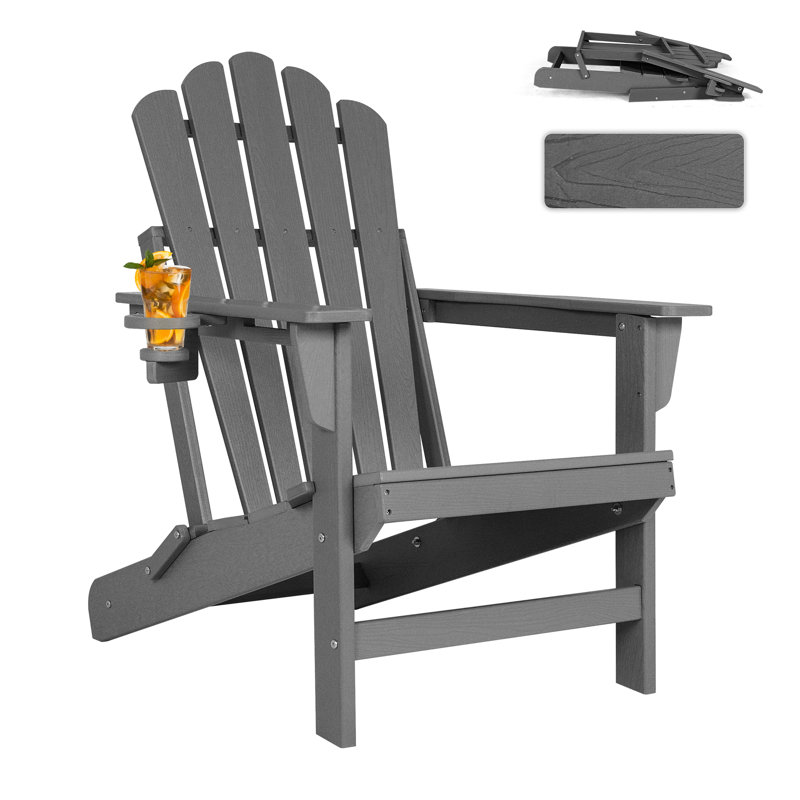 Foldable HDPE Outdoor Adirondack Chair With Cup Holder, Gray, 1