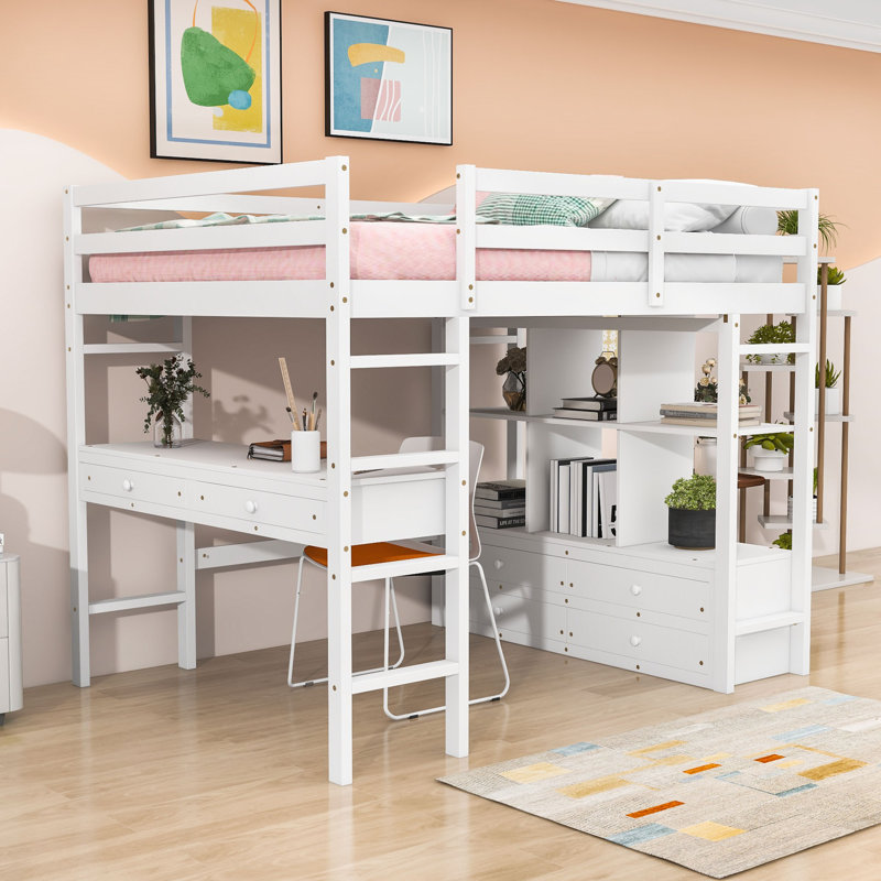 Lit mezzanine double, lit mezzanine en bois avec bureau et tablettes de rangement, Blanc