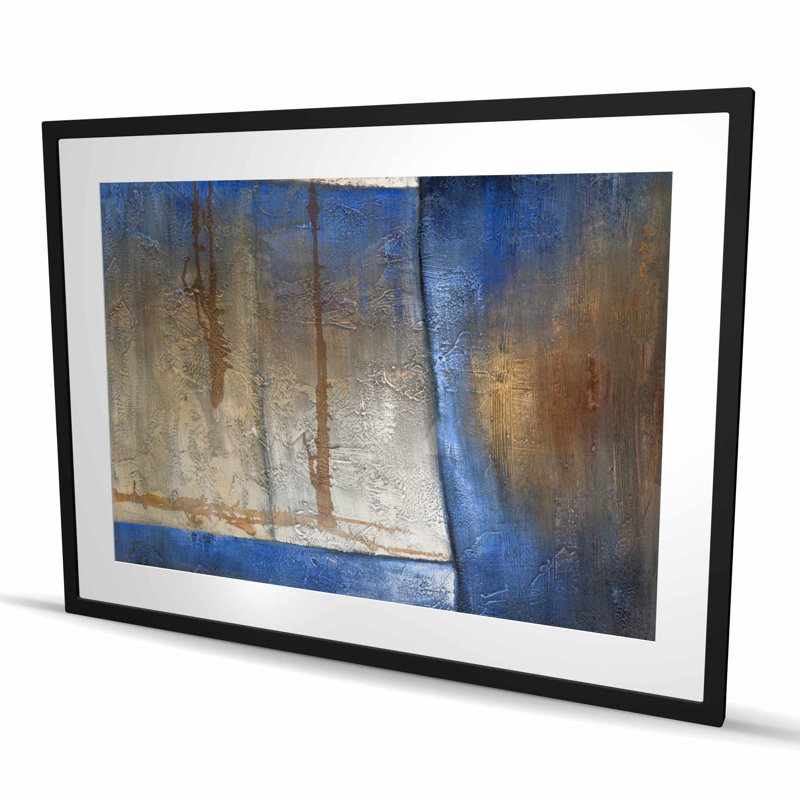 Bleu lumineux et forme bronze | Impression abstraite encadrée, Noir, H 36 po x l 48 po