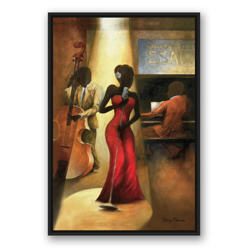 Chanteuse de jazz en rouge sur toile, H 37,75 po x l 25,75 po x P 1,75 po, Cadre flottant noir