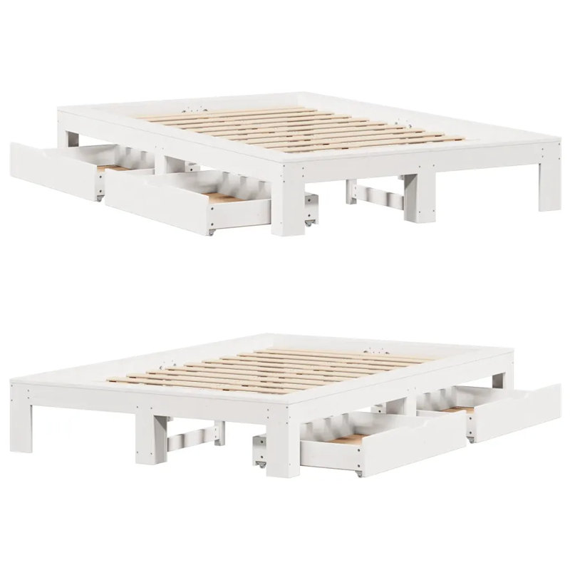 Anijah Solid Wood Bed, White, 221.5 x 221.5cm