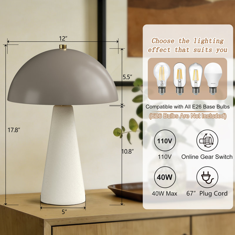 Fistes 17.8" Modern Scandinavian Ceramic Mushroom Table Lamp Soft Ambient Light for Bedroom and Living Room, Off-White/Brown