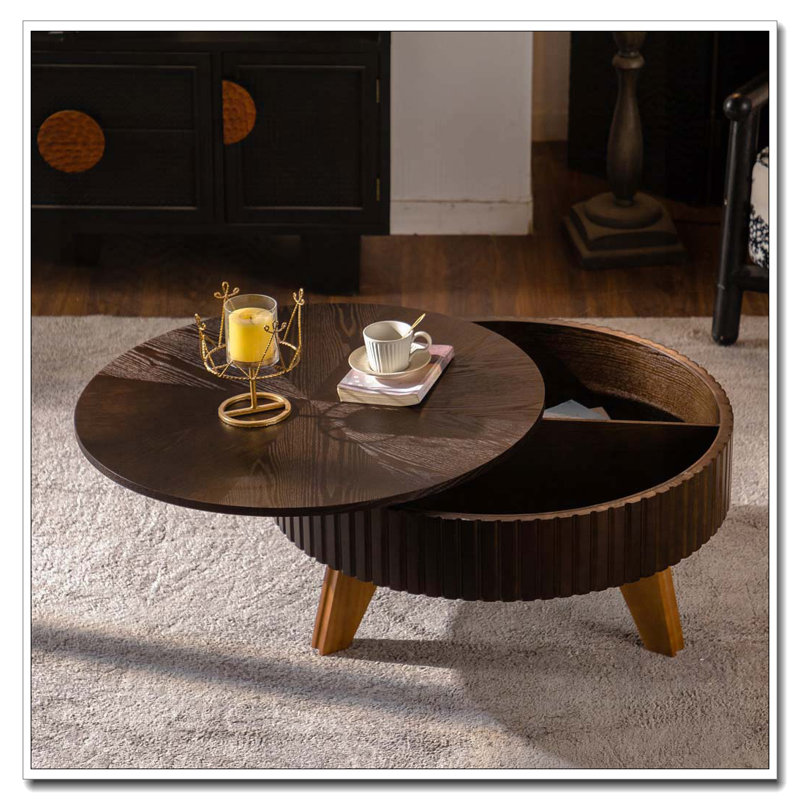 Table basse ronde rétro avec espace de rangement, idéale pour le salon et le bureau, Brun, Naturel