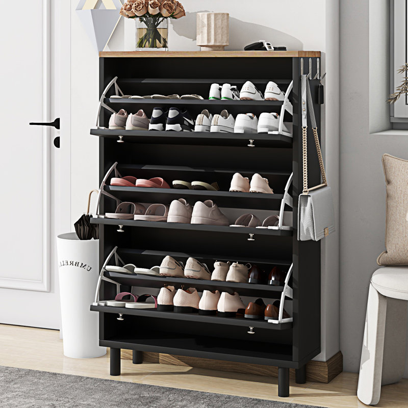 Rangement à chaussures étroit avec 3 tiroirs rabattables, Noir, noir, noir, noir