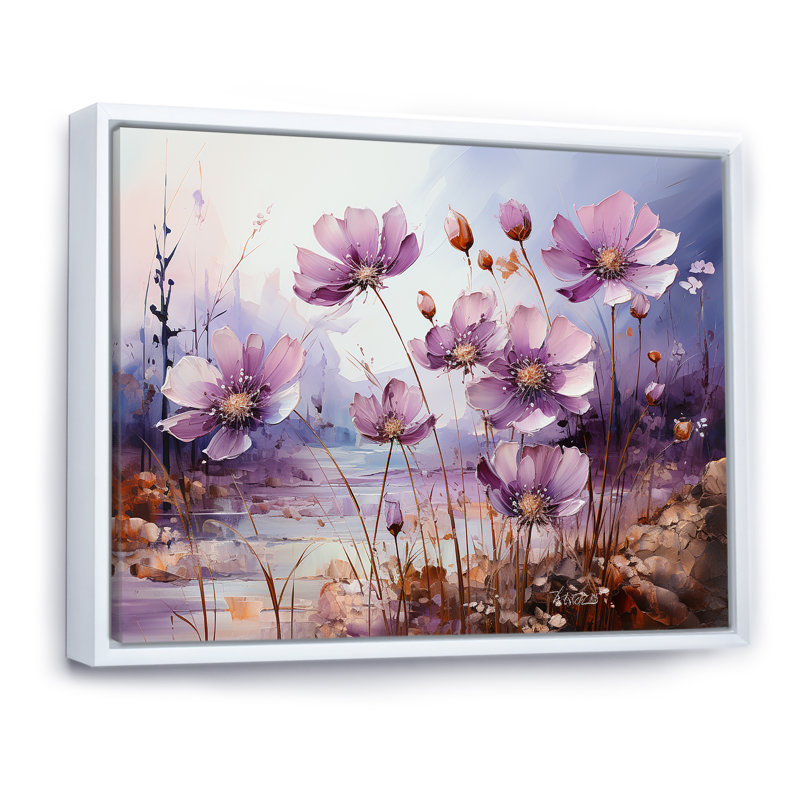 «Violets Flowers Country Charm» sur toile, H 16 po x l 32 po x P 1 po, Cadre flottant blanc